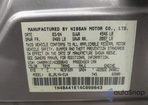 2004 Nissan Maxima 3.5 Sl from USA, damaged, VIN 1N4BA41E14C898643